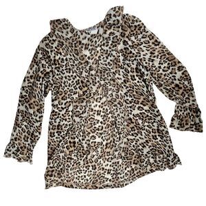 Blair Leopard Chiffon One Button Cascade Ruffle Longline Blouse M